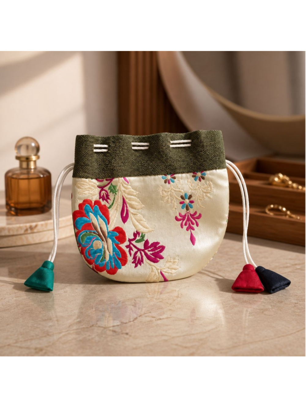 Handmade Tibetan Small Cosmetic Bag Beige Green Floral Tassels Festival Travel